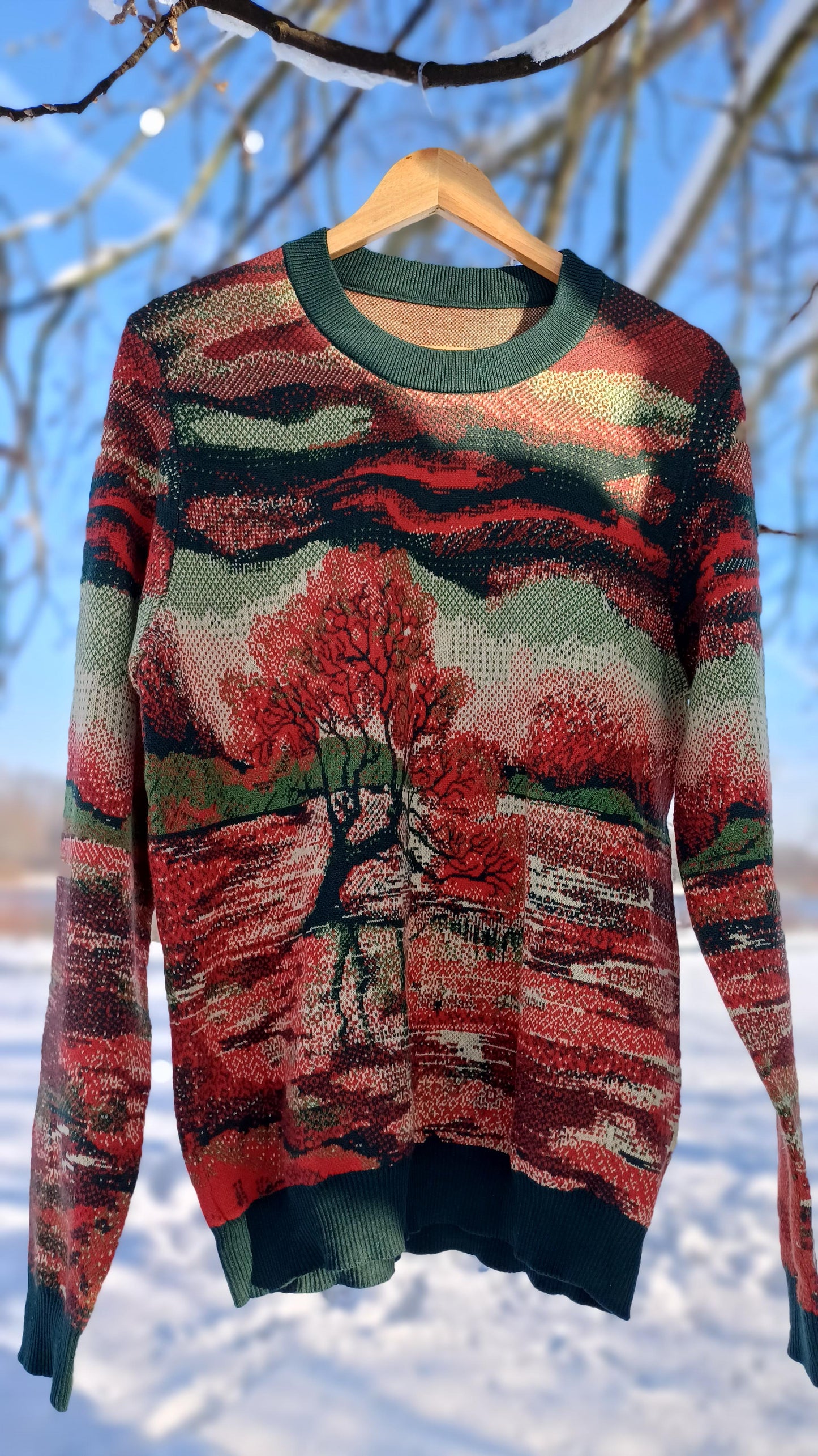 Unisex Knitted Sweater - Tree of the Lakes (Autumn Sunset) - Crewneck Classic Fit