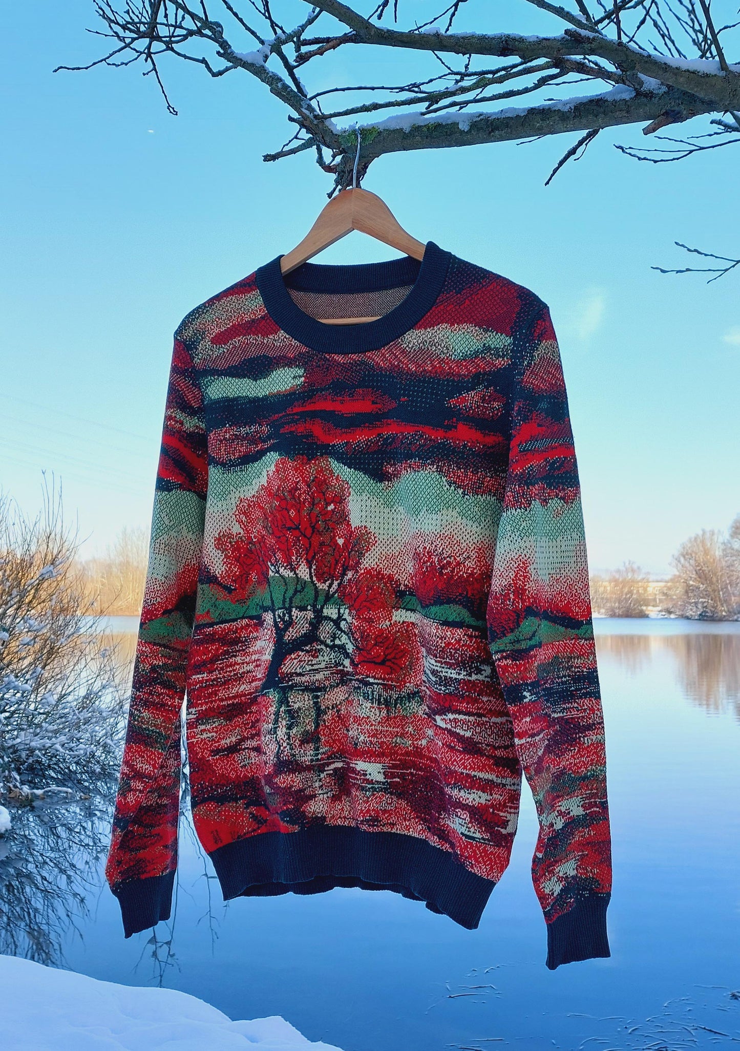 Unisex Knitted Sweater - Tree of the Lakes (Autumn Sunset) - Crewneck Classic Fit