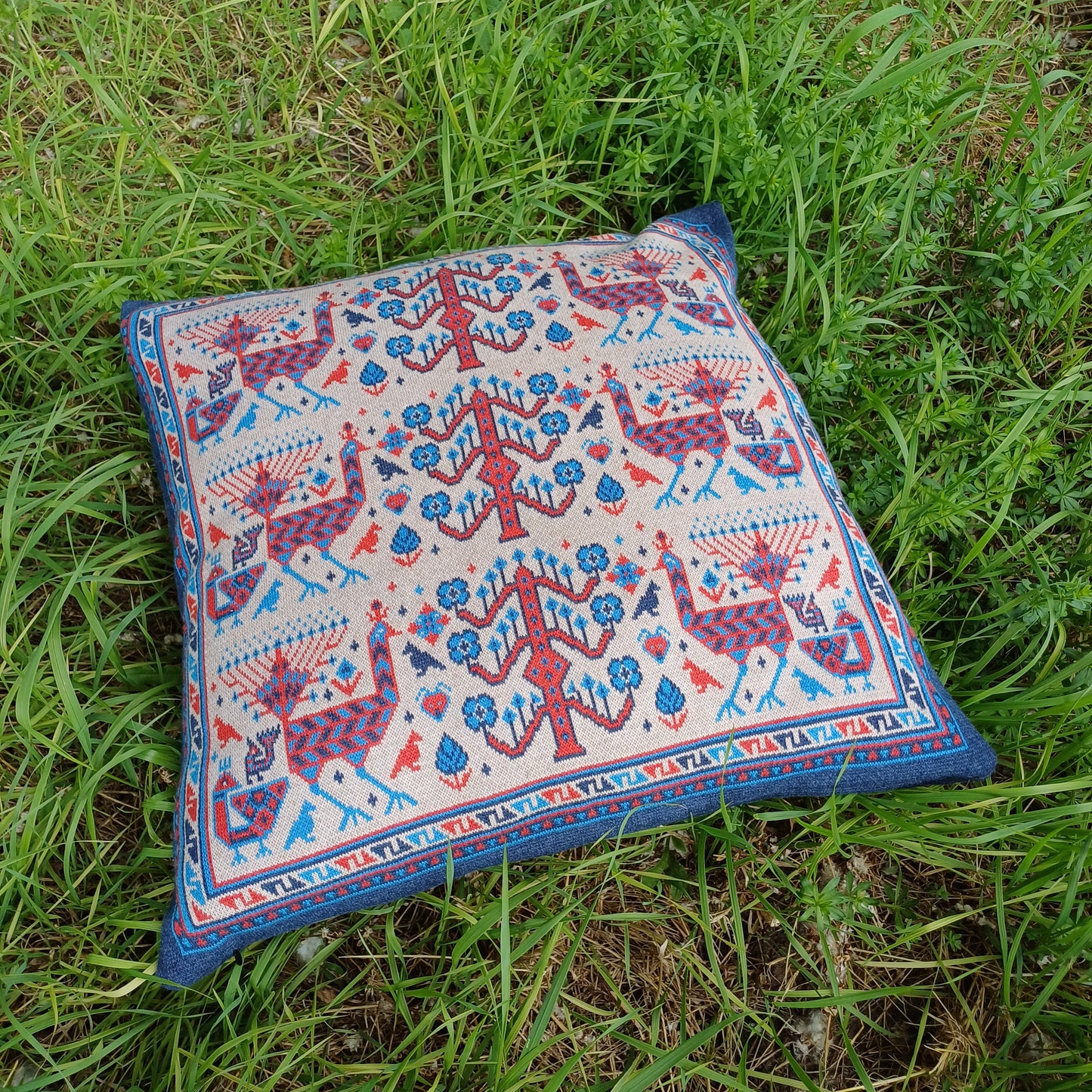 Knitted Pillow Case - Peacock Forest (Ivory version) - Big Shahsavan Square Cushion 20in / 50cm