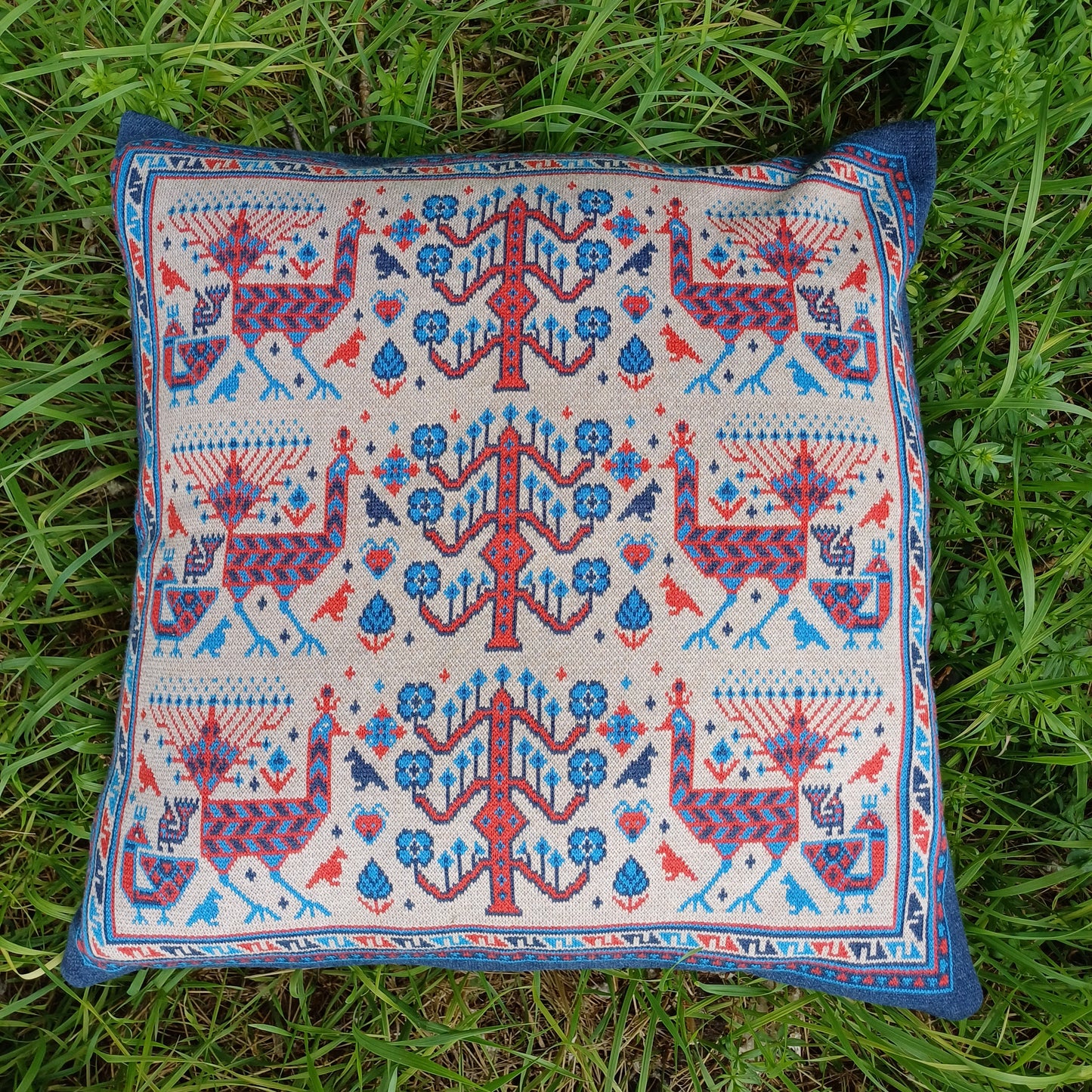 Knitted Pillow Case - Peacock Forest (Ivory version) - Big Shahsavan Square Cushion 20in / 50cm