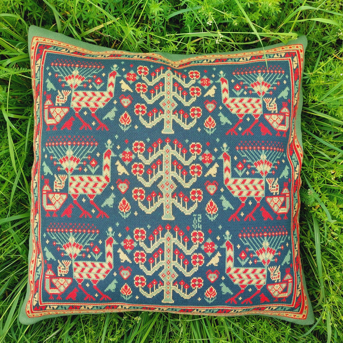 Knitted Pillow Case - Peacock Forest (Moss version) - Big Shahsavan Square Cushion 20in / 50cm