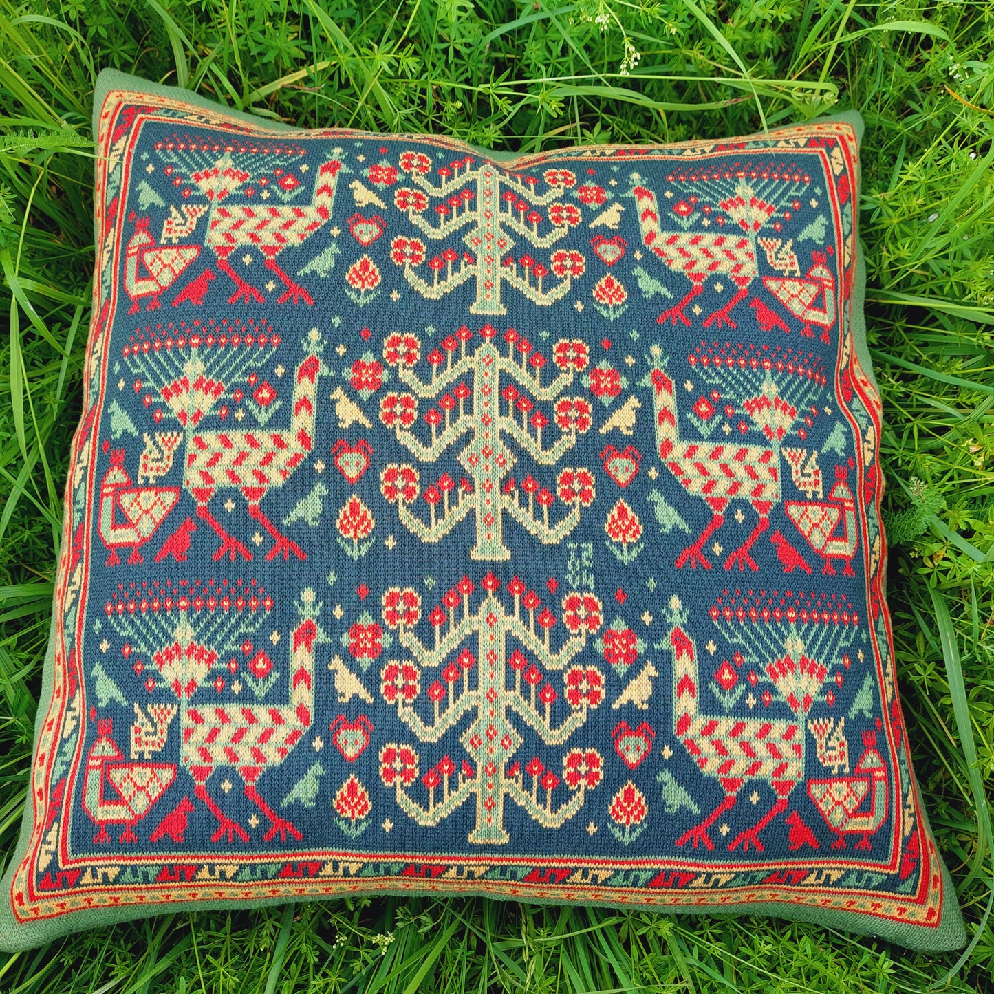 Knitted Pillow Case - Peacock Forest (Moss version) - Big Shahsavan Square Cushion 20in / 50cm