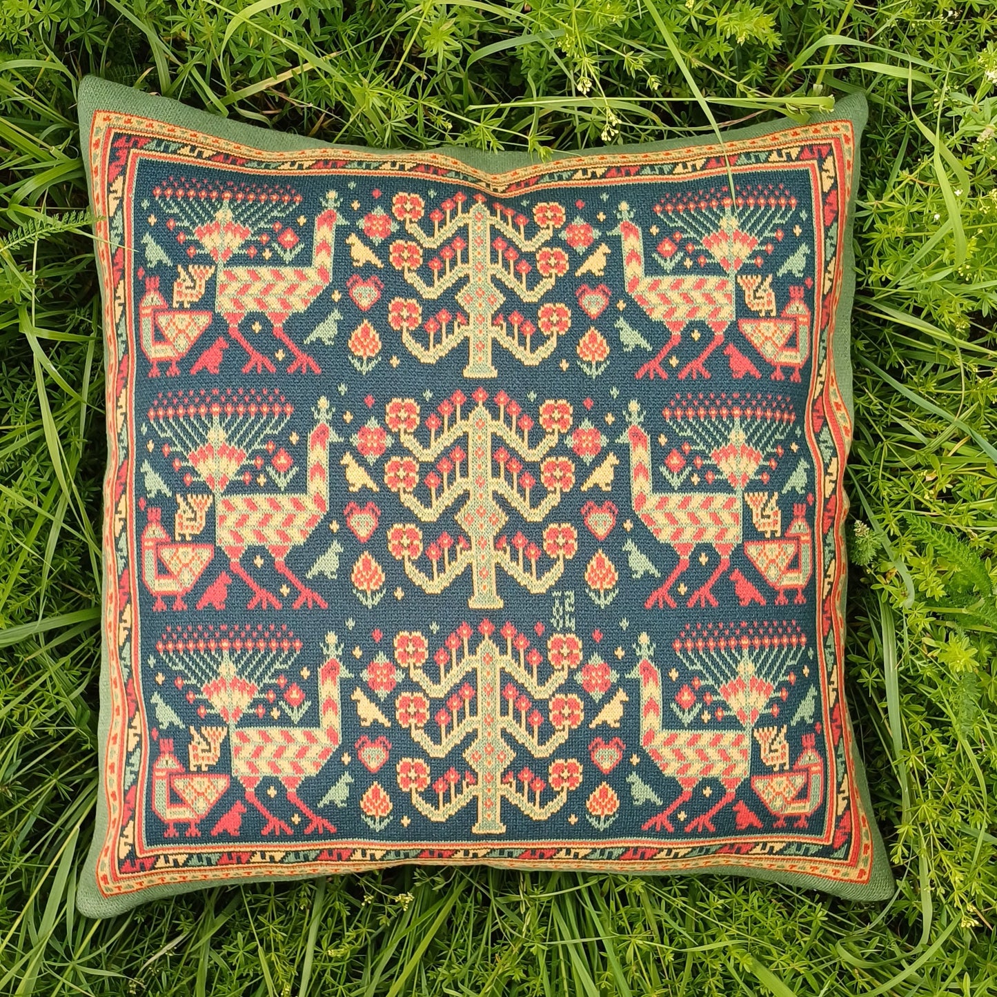 Knitted Pillow Case - Peacock Forest (Moss version) - Big Shahsavan Square Cushion 20in / 50cm