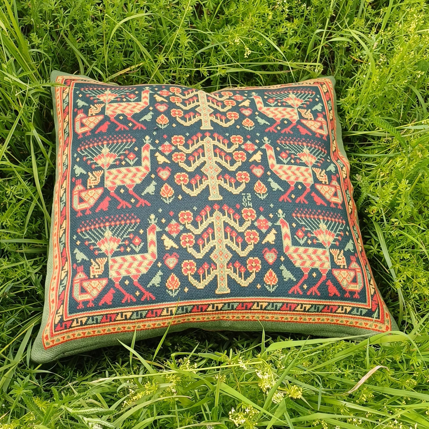 Knitted Pillow Case - Peacock Forest (Moss version) - Big Shahsavan Square Cushion 20in / 50cm