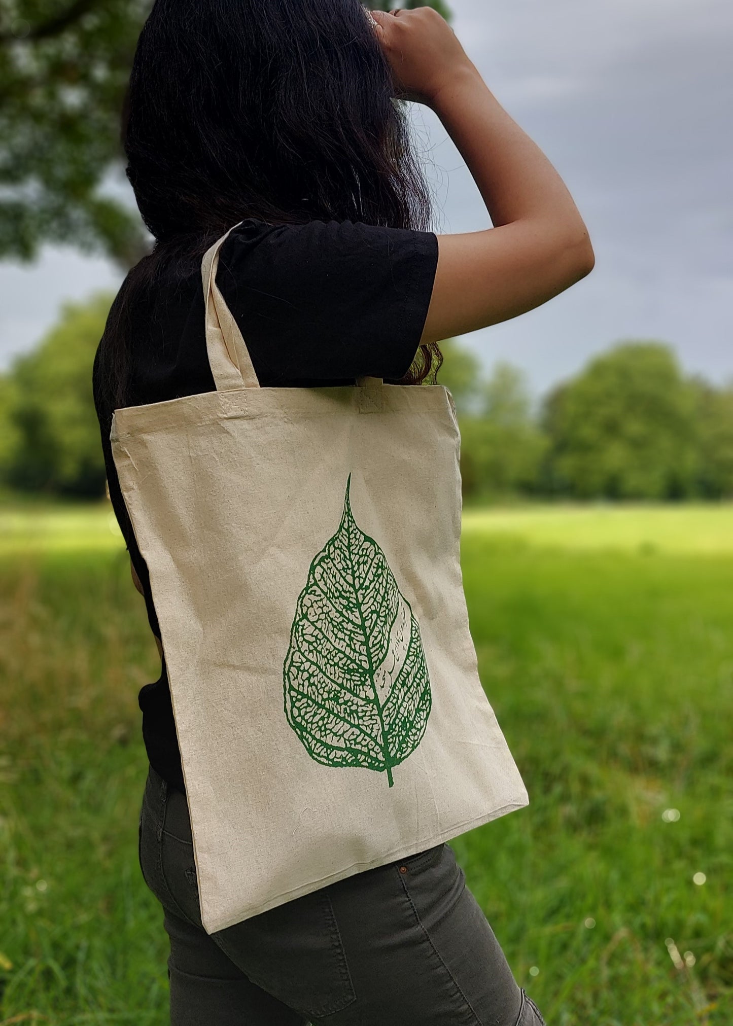 Cotton Tote Bag with 3 handles - Swirling Leaf screen print - Eco-friendly shopping bag, Oeko-Tex certified