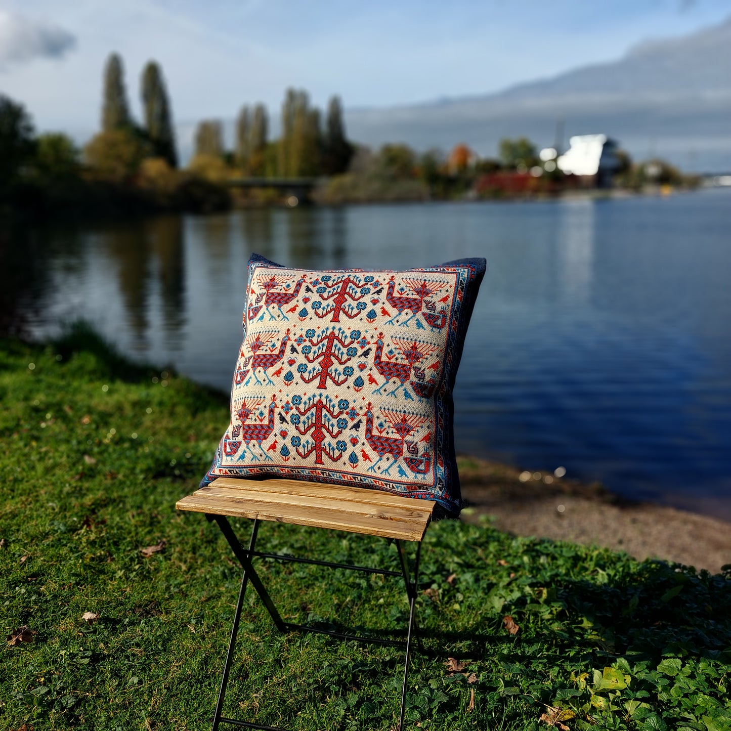 Knitted Pillow Case - Peacock Forest (Ivory version) - Big Shahsavan Square Cushion 20in / 50cm