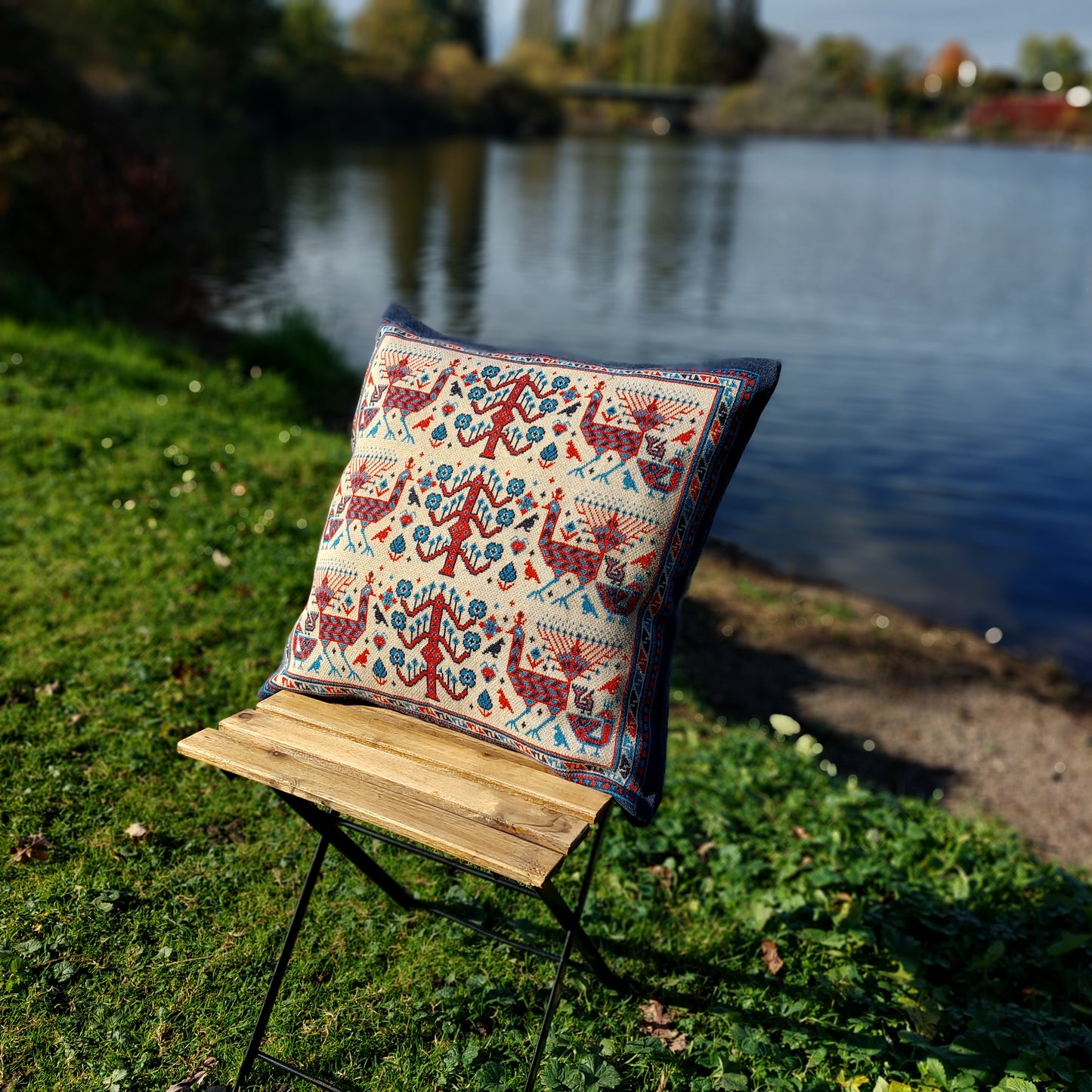 Knitted Pillow Case - Peacock Forest (Ivory version) - Big Shahsavan Square Cushion 20in / 50cm