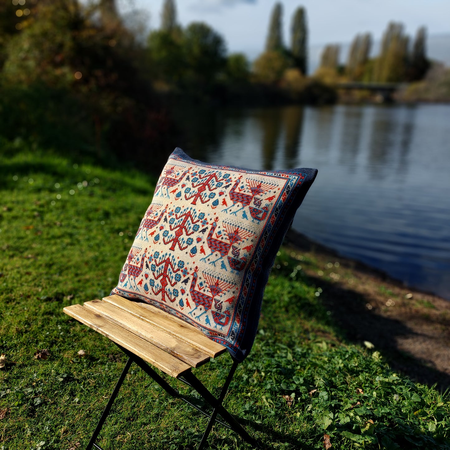 Knitted Pillow Case - Peacock Forest (Ivory version) - Big Shahsavan Square Cushion 20in / 50cm