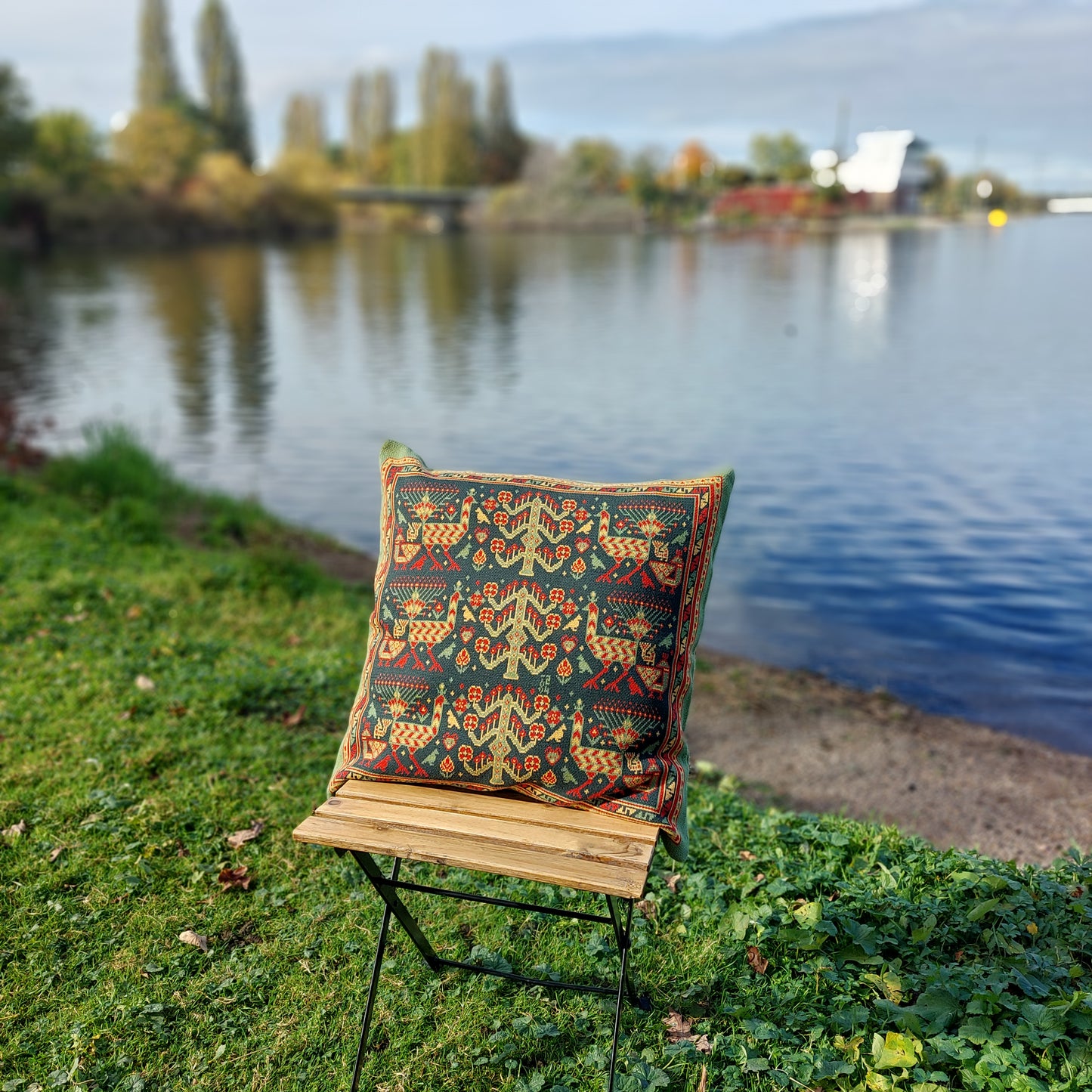 Knitted Pillow Case - Peacock Forest (Moss version) - Big Shahsavan Square Cushion 20in / 50cm