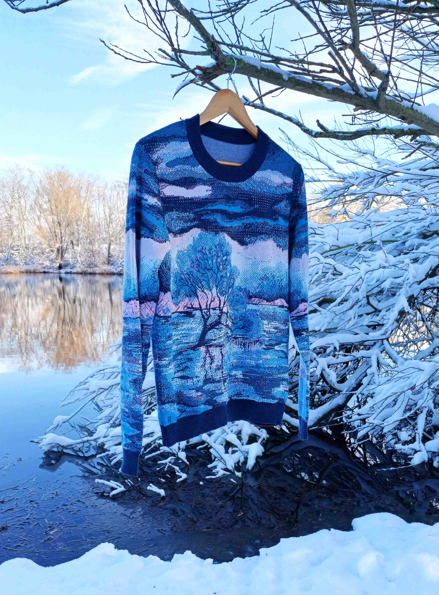 Unisex Knitted Sweater - Tree of the Lakes (Winter Night) - Crewneck Classic Fit