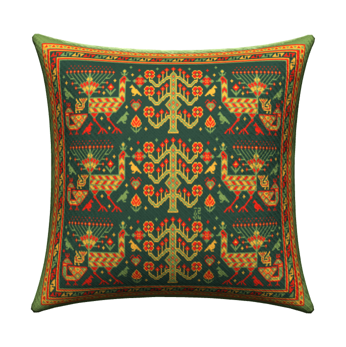 Knitted Pillow Case - Peacock Forest (Moss version) - Big Shahsavan Square Cushion 20in / 50cm