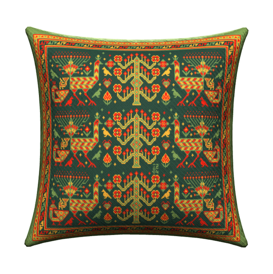 Knitted Pillow Case - Peacock Forest (Moss version) - Big Shahsavan Square Cushion 20in / 50cm