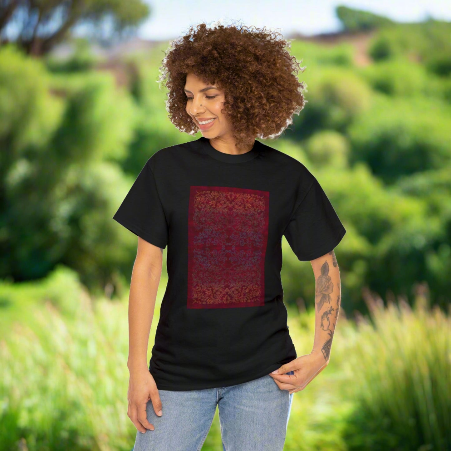 Unisex-T-Shirt aus schwerer Baumwolle – Lichtstrahlen auf Reisfeldern (Herbst)