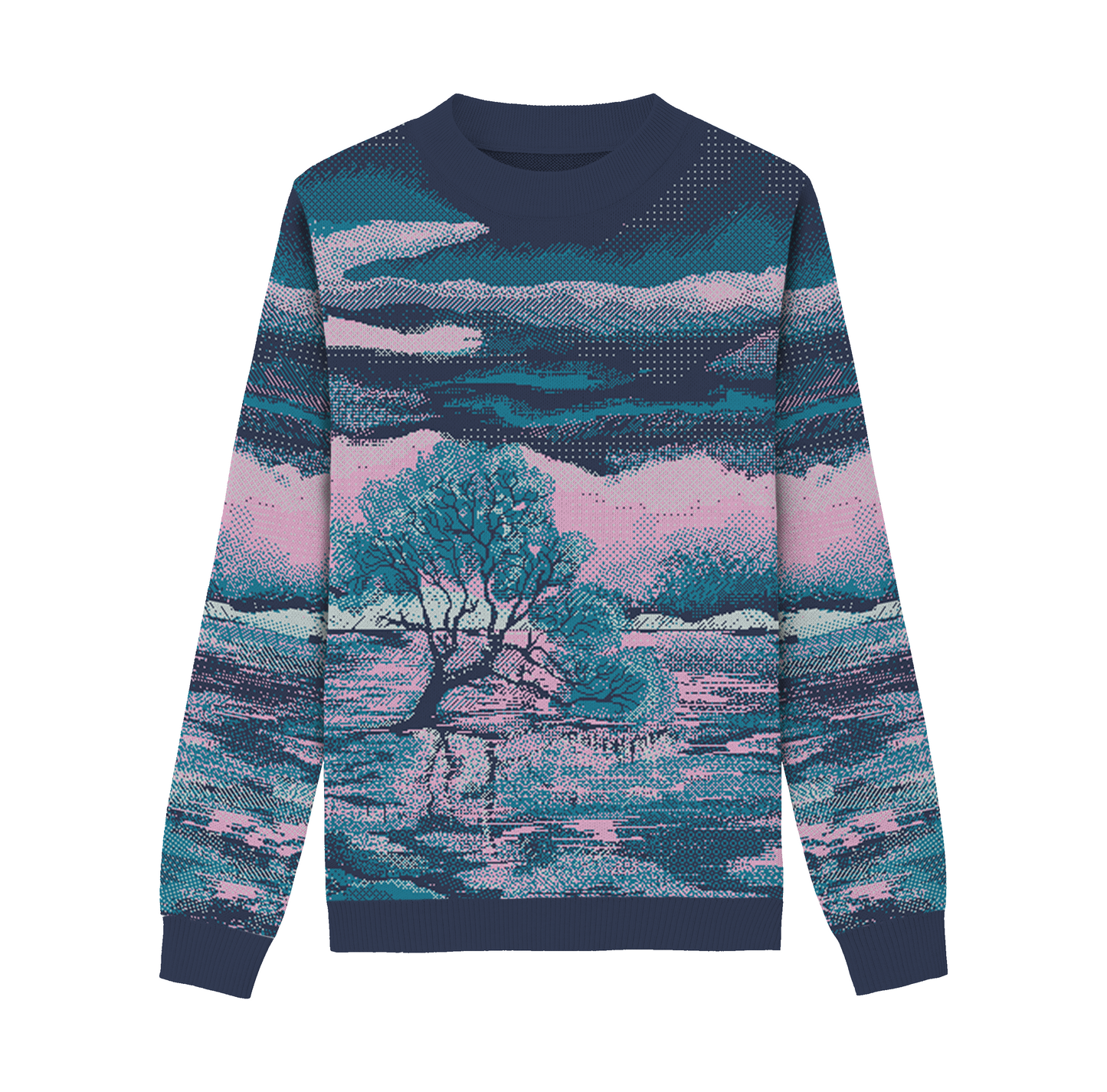 Unisex Strickpullover – Baum der Seen (Winter Nacht) – Rundhalsausschnitt, klassische Passform