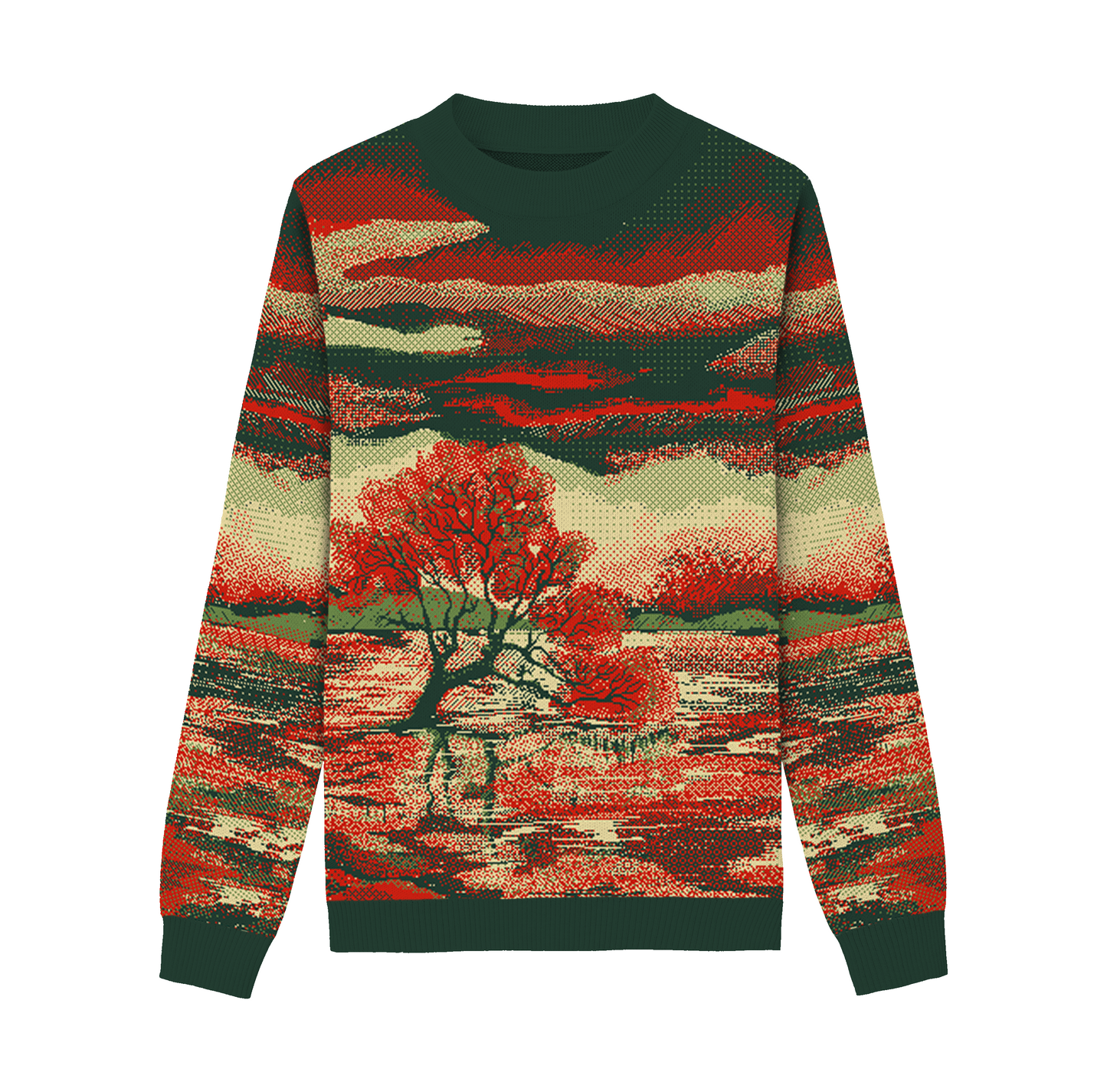 Unisex Knitted Sweater - Tree of the Lakes (Autumn Sunset) - Crewneck Classic Fit