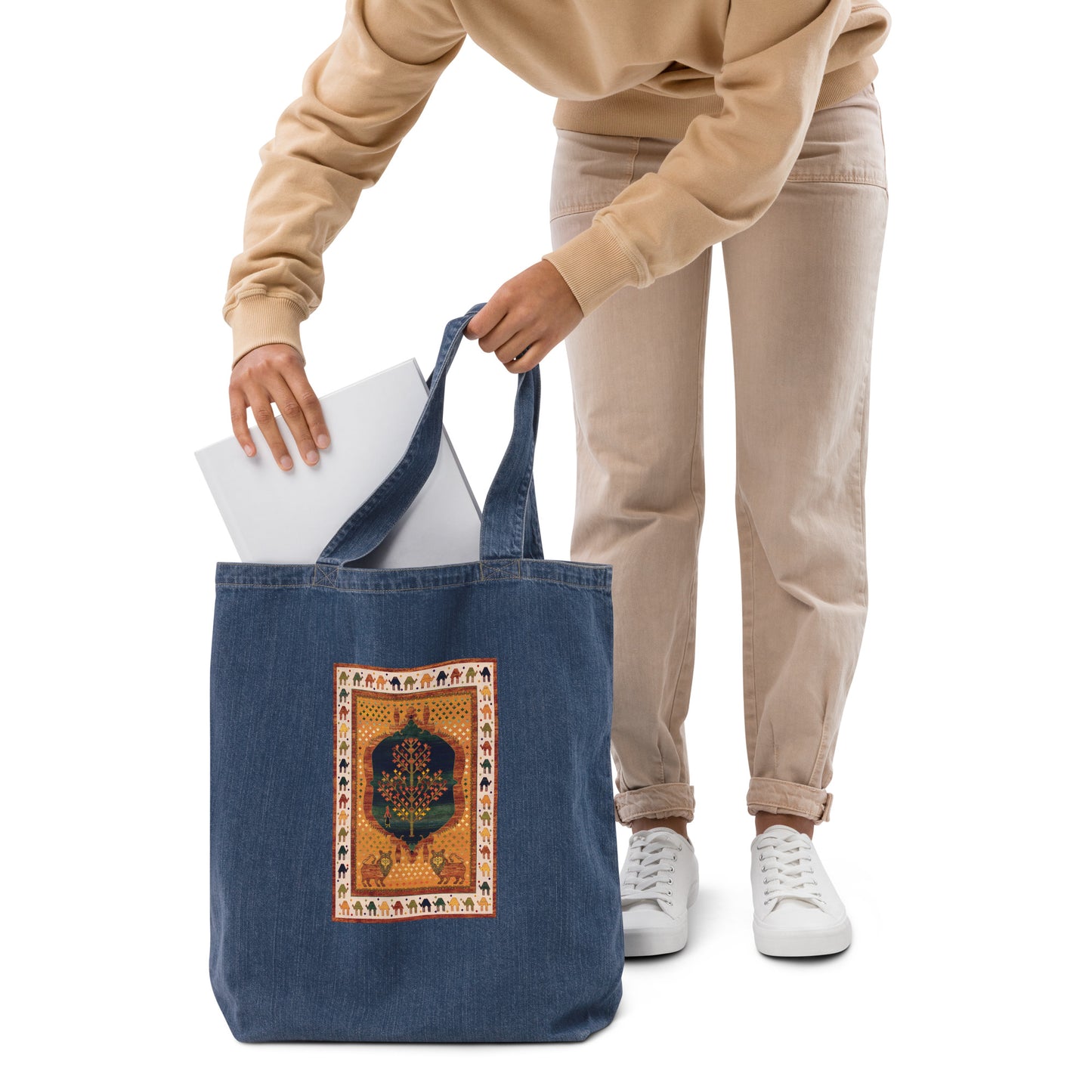 Organic denim tote bag - The lions and the maple I