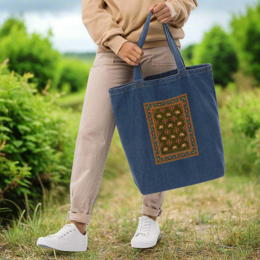 Organic denim tote bag - The lion and the sun I