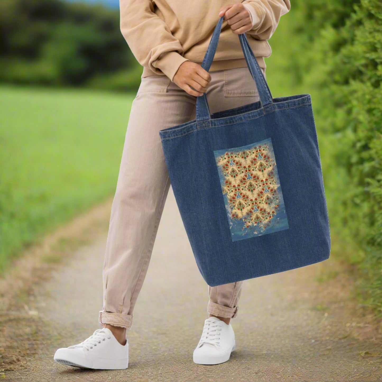 Organic denim tote bag - Sparrow's garden (blue version)