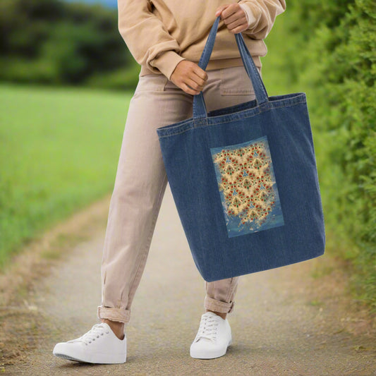 Organic denim tote bag - Sparrow's garden (blue version)