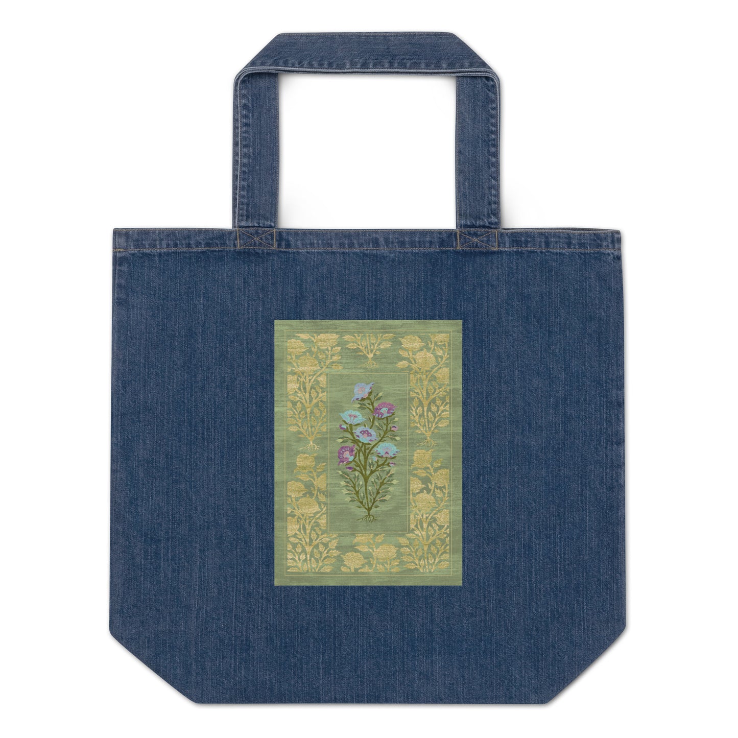 Organic denim tote bag - Rose garden (mint)