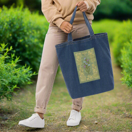 Organic denim tote bag - Rose garden (mint)