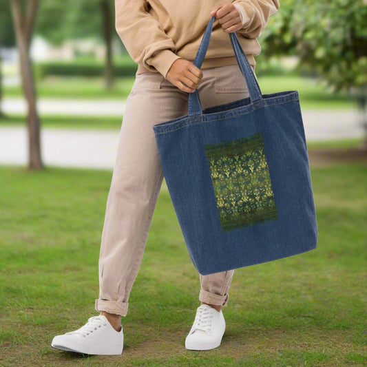 Organic denim tote bag - Sparrow's garden (green version)