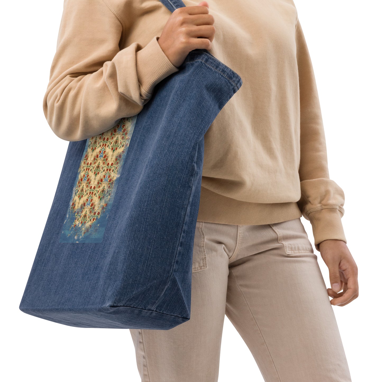 Organic denim tote bag - Sparrow's garden (blue version)