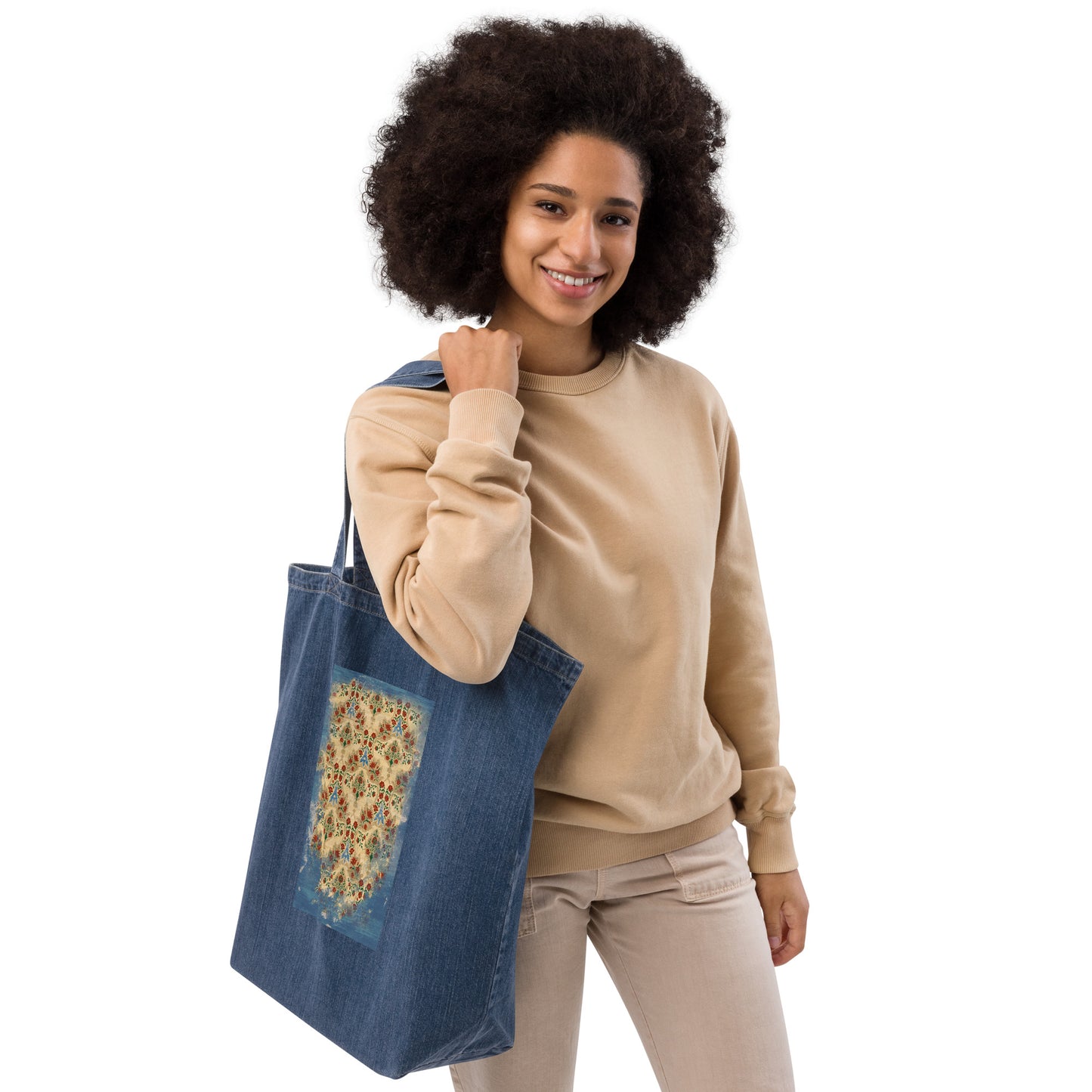 Organic denim tote bag - Sparrow's garden (blue version)