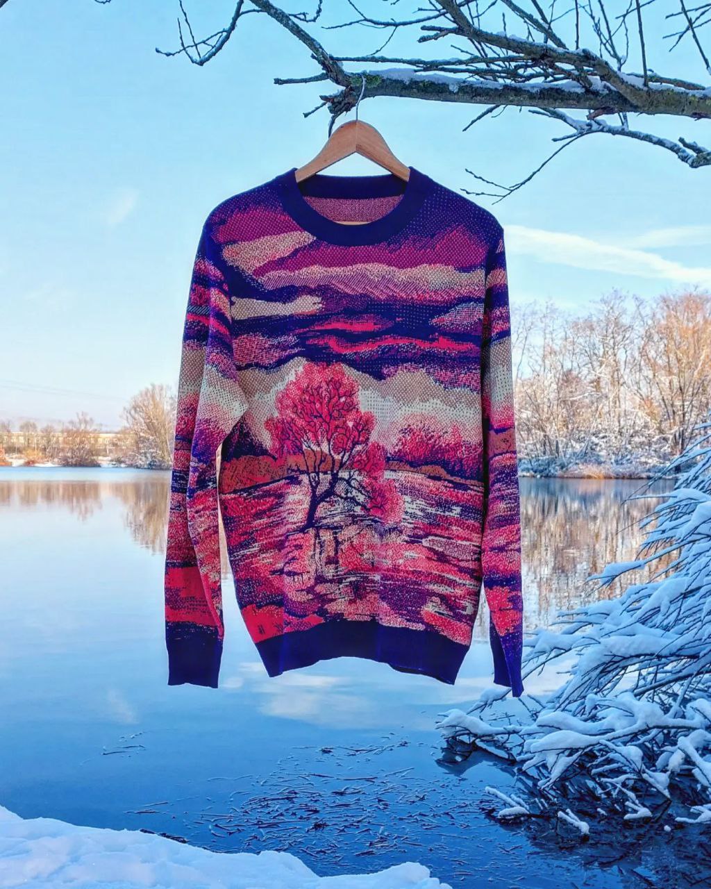 Unisex Knitted Sweater - Tree of the Lakes (Spring Morning) - Crewneck Classic Fit