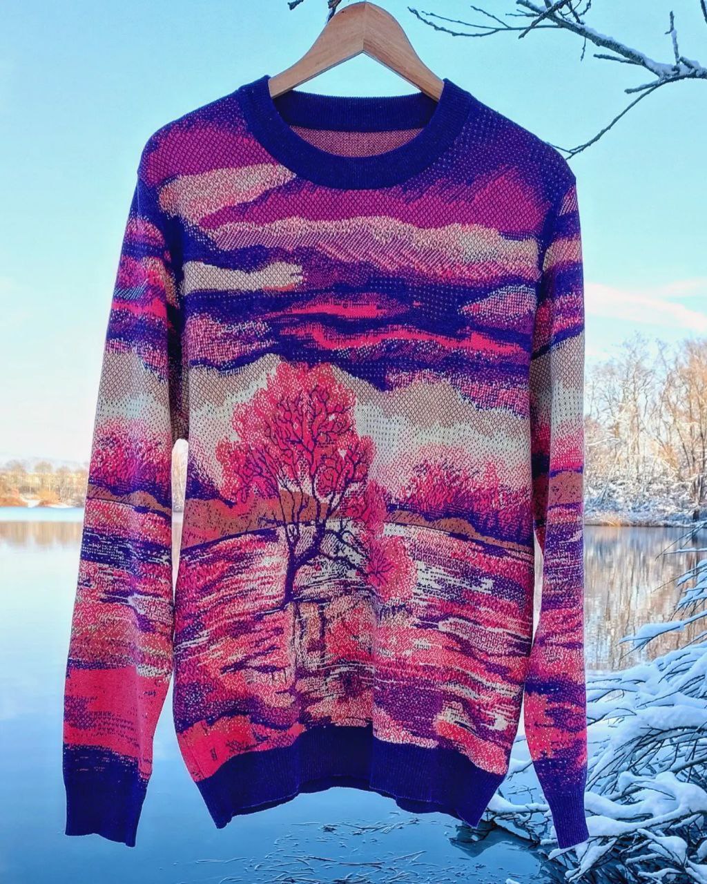 Unisex Knitted Sweater - Tree of the Lakes (Spring Morning) - Crewneck Classic Fit