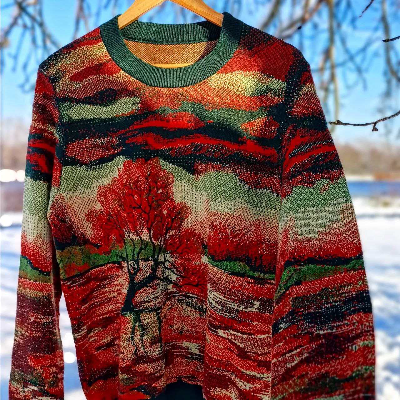 Unisex Strickpullover – Baum der Seen (Herbst Dämmerung) – klassische Passform mit Rundhalsausschnitt