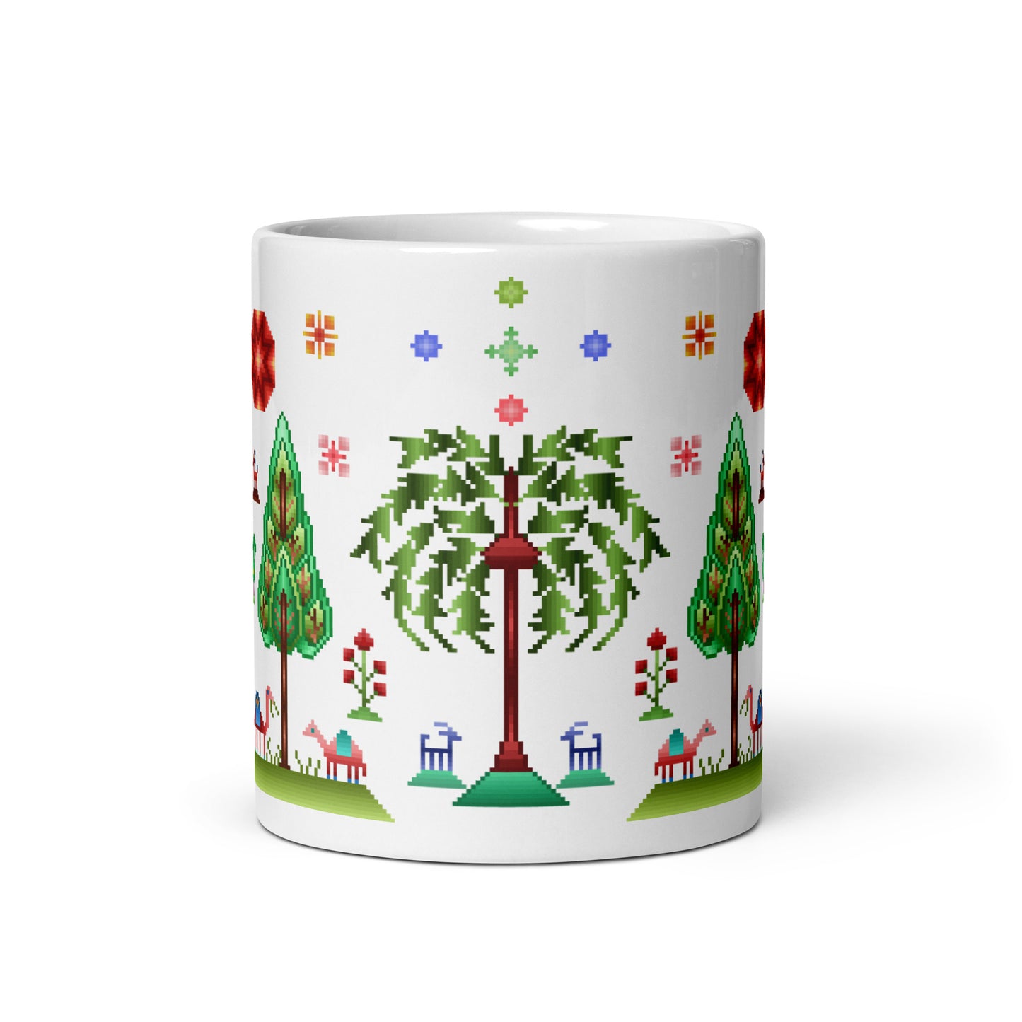 White glossy mug - Rainbow pixel art, Gabbeh style I