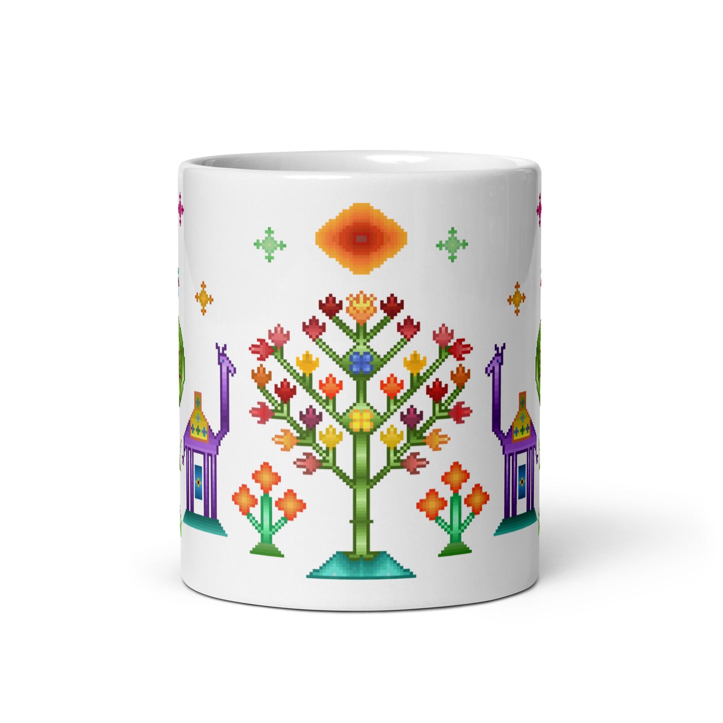 Weiße Tasse – Regenbogen-Pixelart, Gabbeh-Stil II