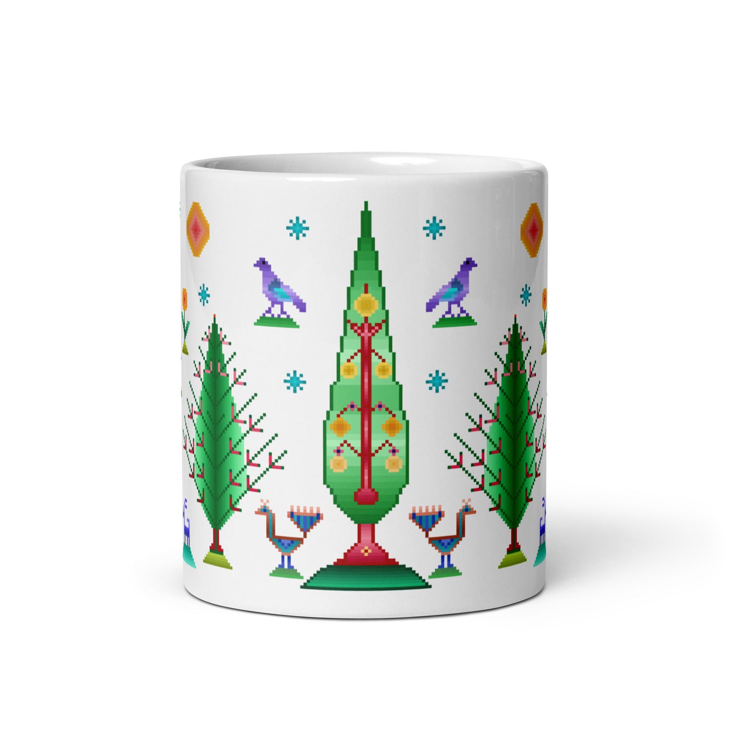 White glossy mug - Rainbow pixel art, Gabbeh style III