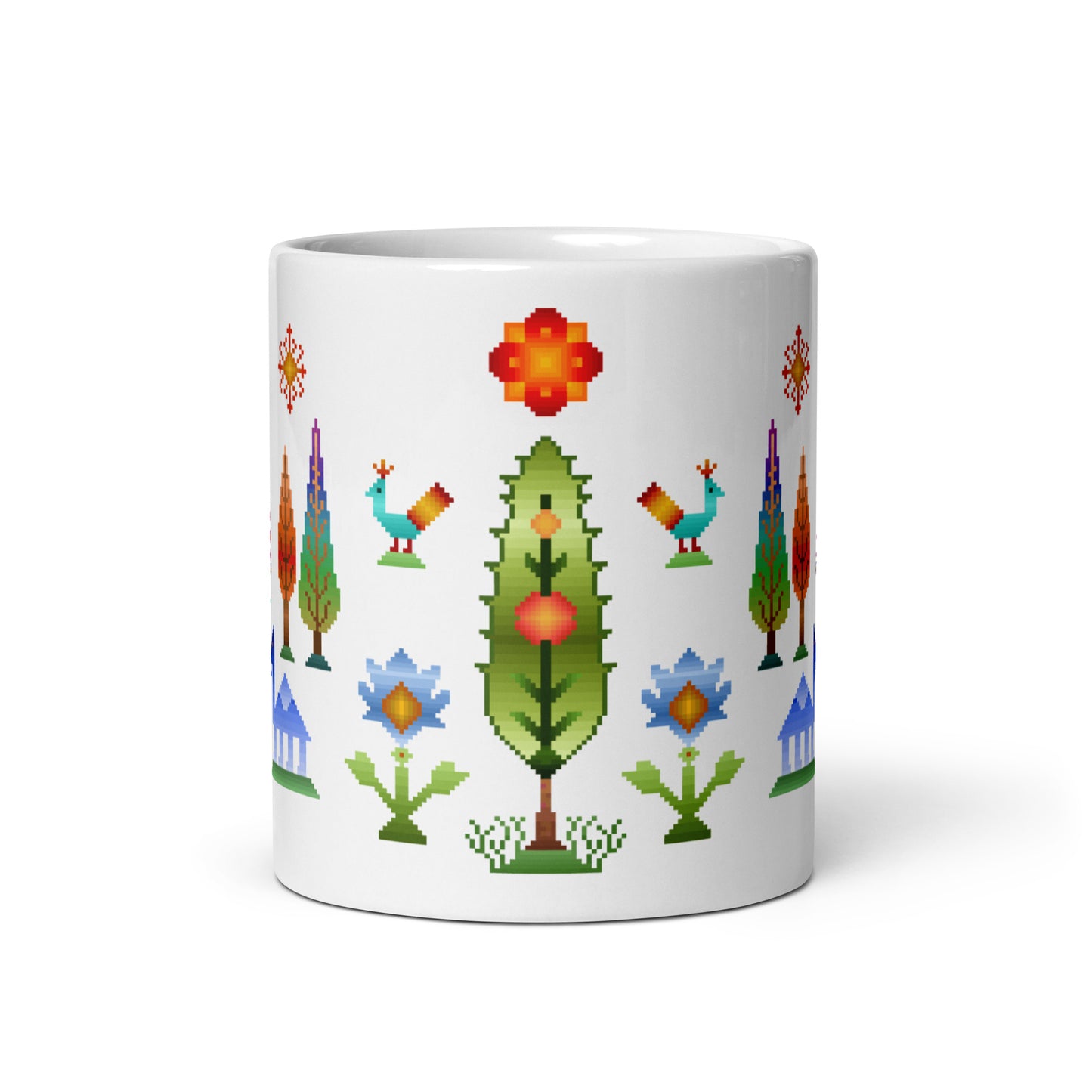 Weiße Tasse – Regenbogen-Pixelart, Gabbeh-Stil IV