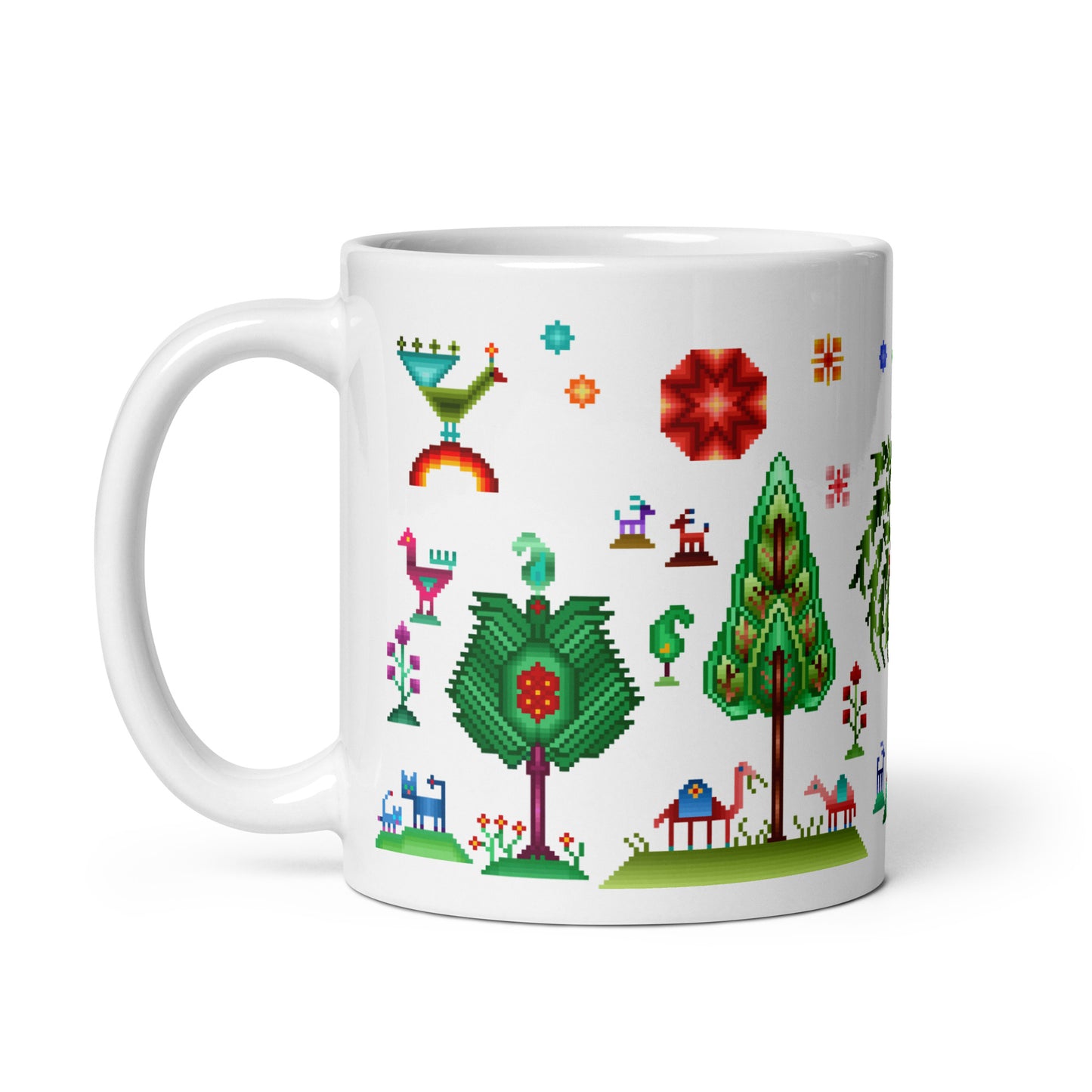 Weiße Tasse – Regenbogen-Pixelart, Gabbeh-Stil I