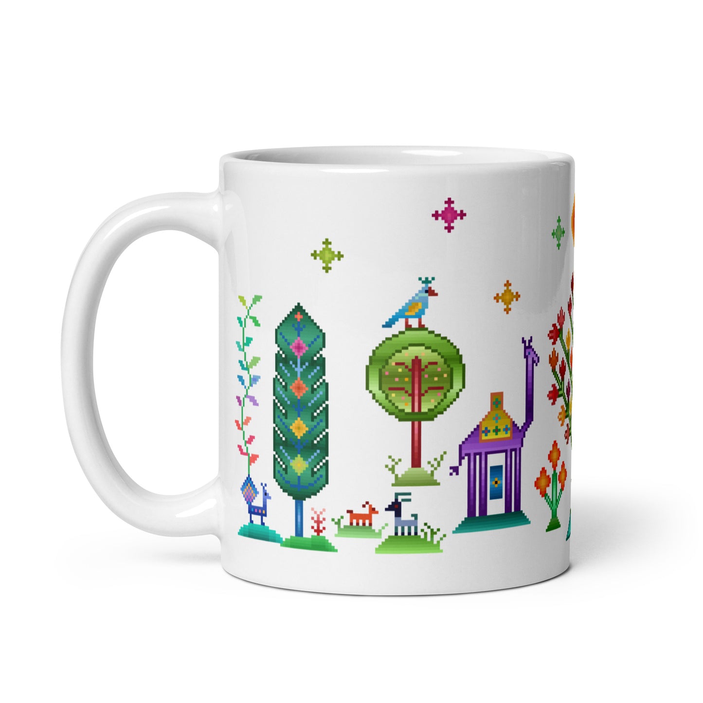 White glossy mug - Rainbow pixel art, Gabbeh style II