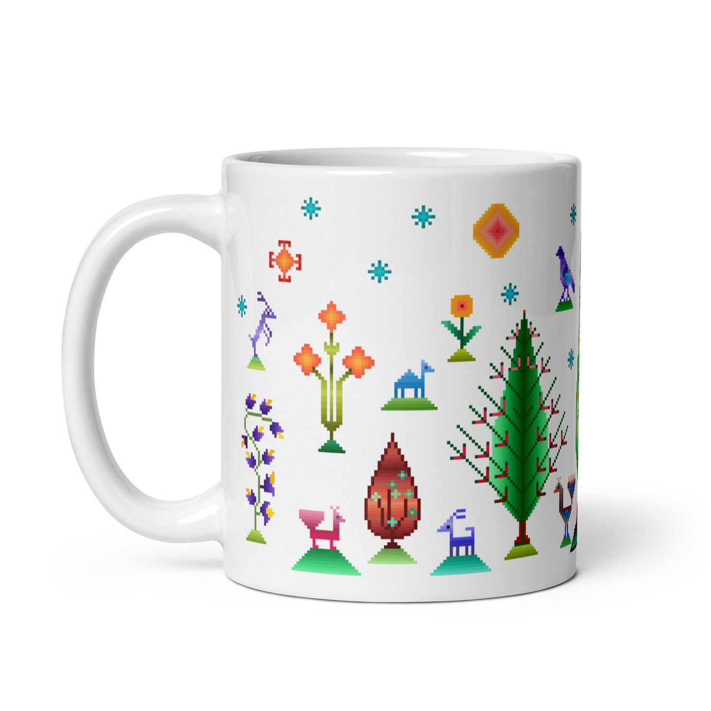 White glossy mug - Rainbow pixel art, Gabbeh style III