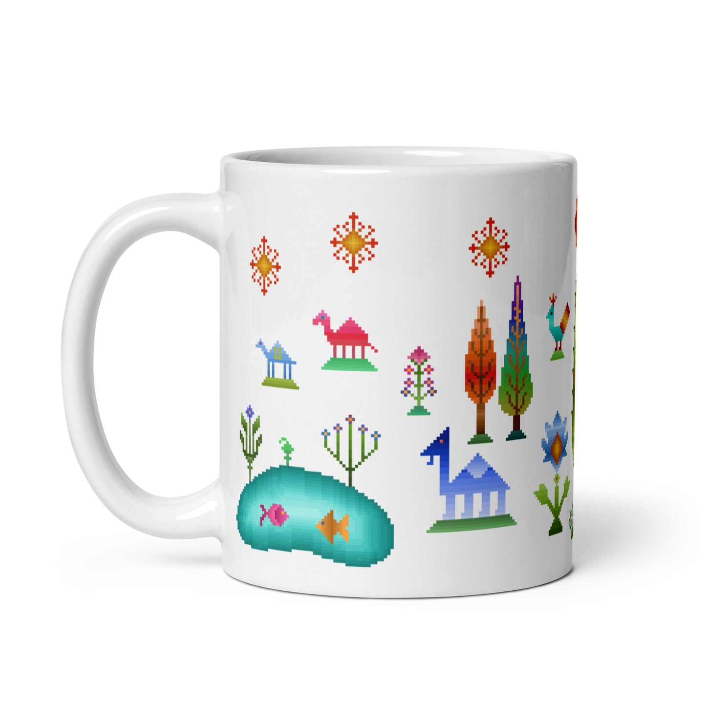 White glossy mug - Rainbow pixel art, Gabbeh style IV