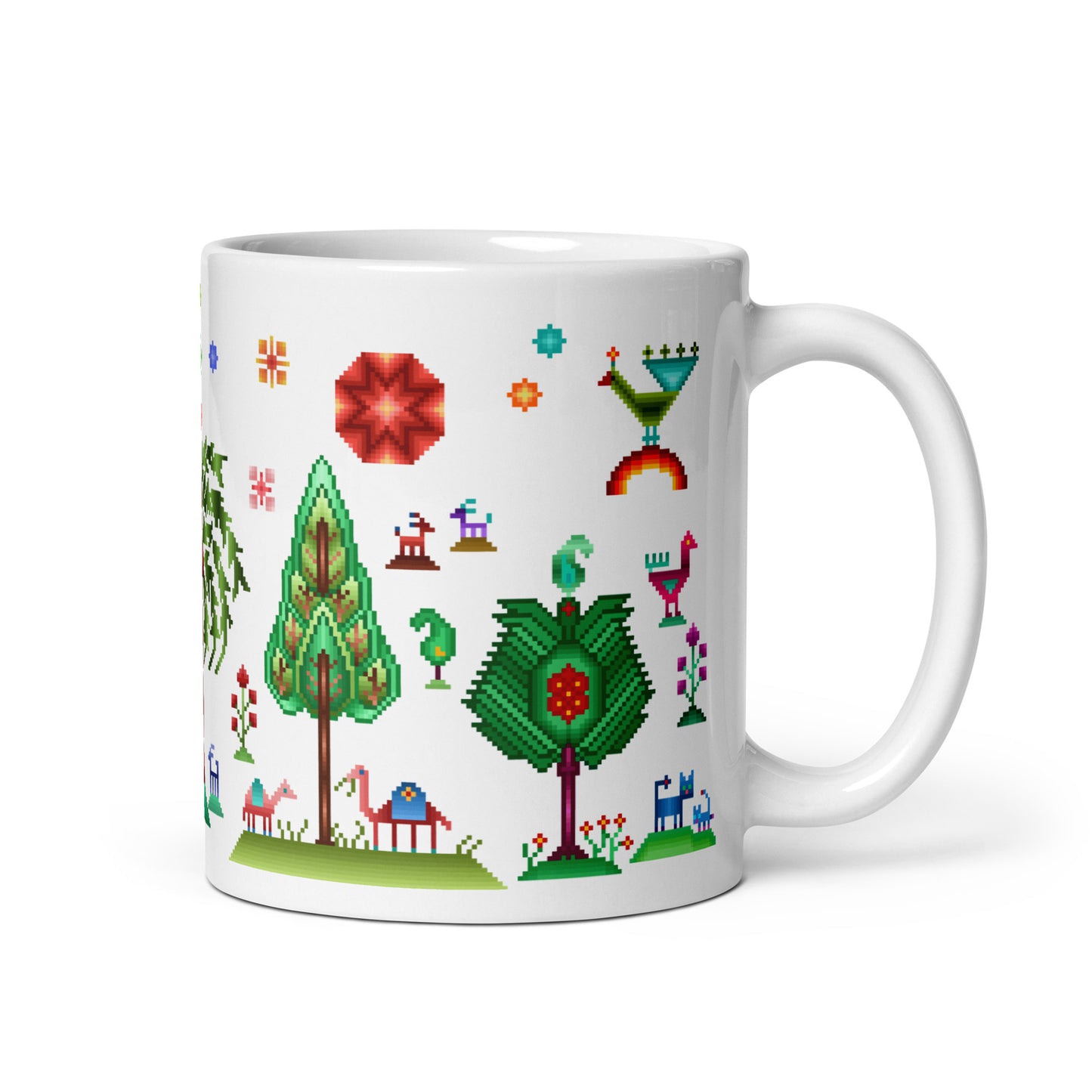 Weiße Tasse – Regenbogen-Pixelart, Gabbeh-Stil I