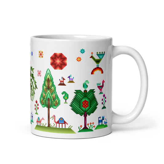 White glossy mug - Rainbow pixel art, Gabbeh style I