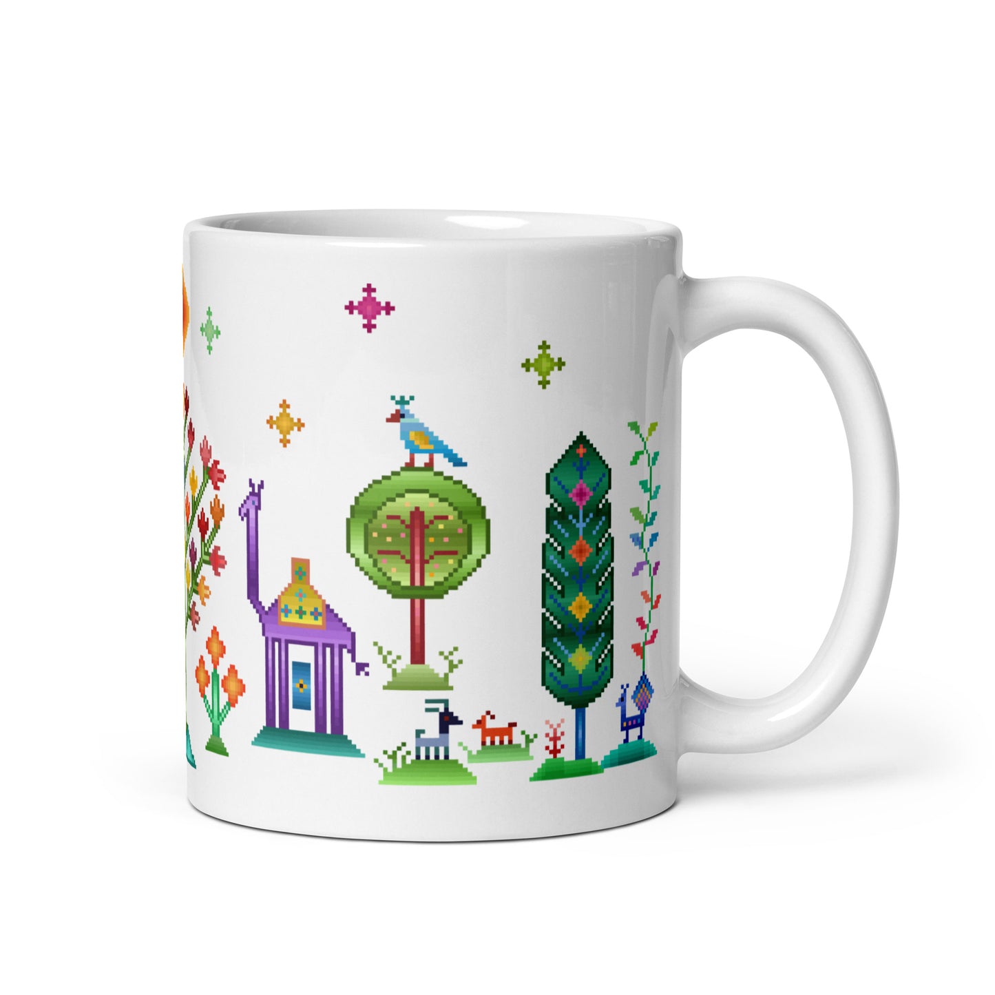 White glossy mug - Rainbow pixel art, Gabbeh style II