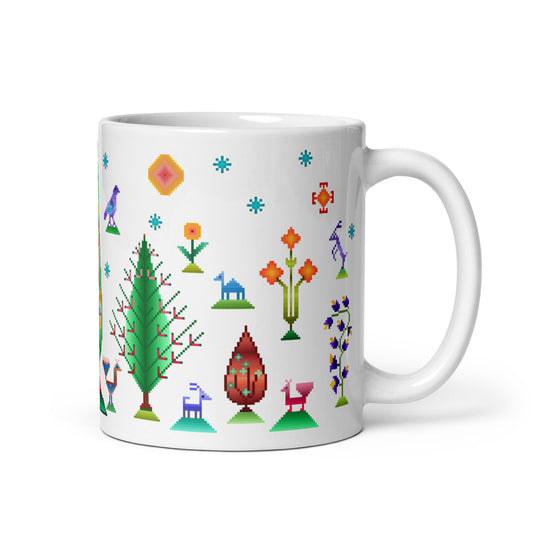 White glossy mug - Rainbow pixel art, Gabbeh style III