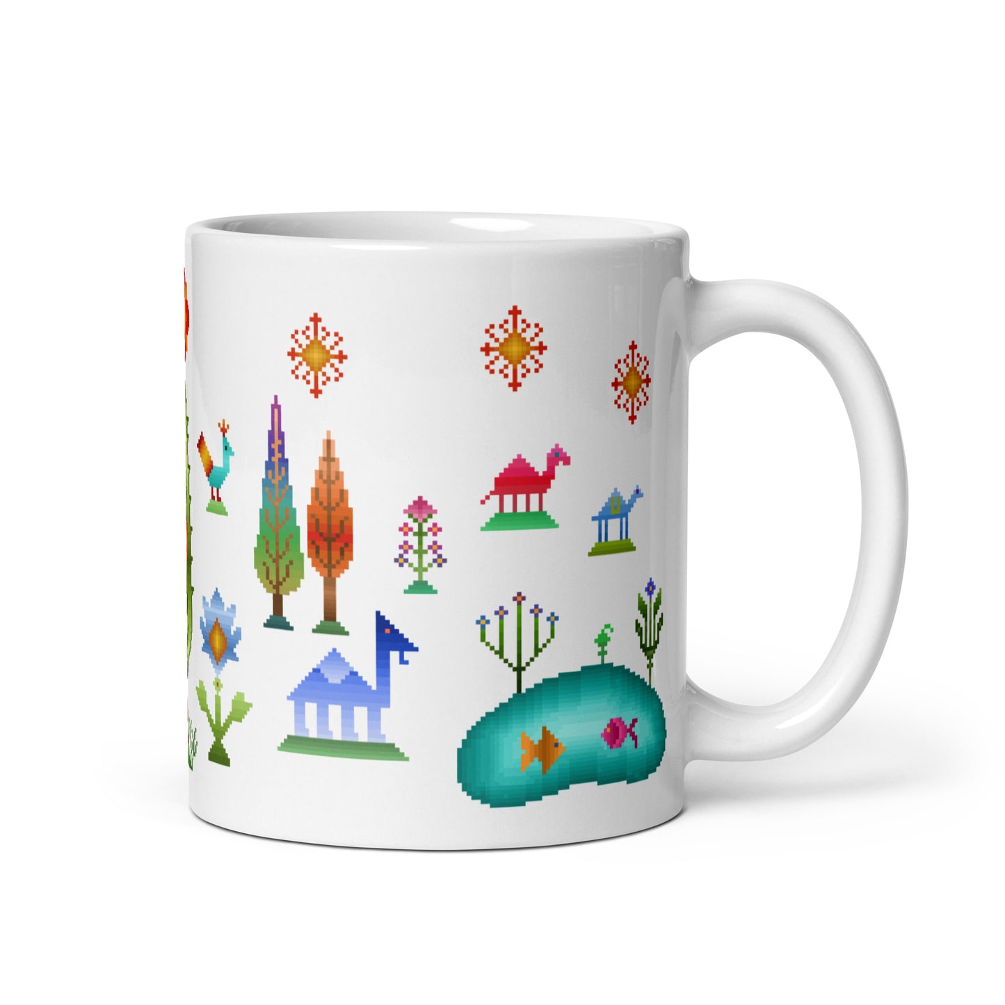 Weiße Tasse – Regenbogen-Pixelart, Gabbeh-Stil IV