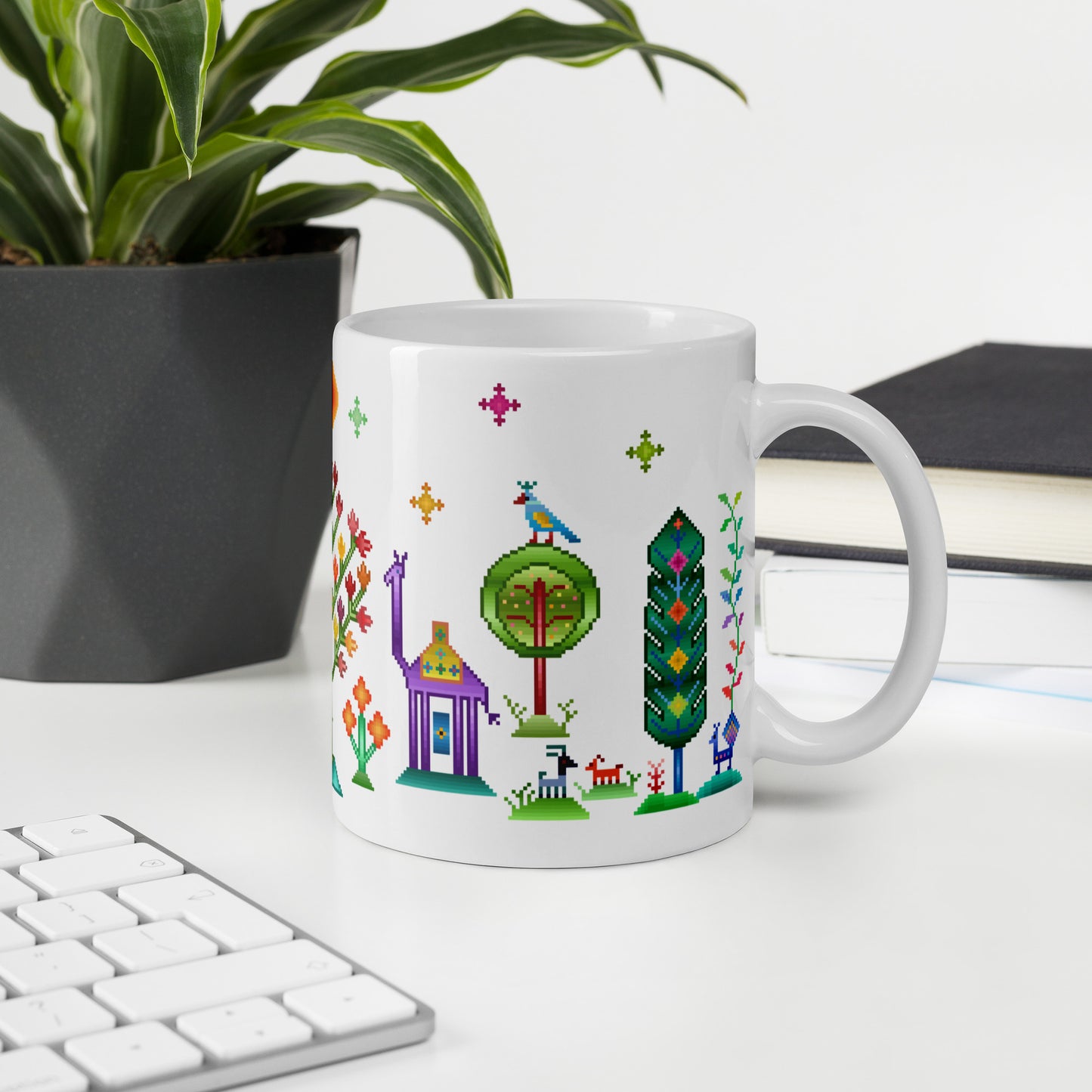 White glossy mug - Rainbow pixel art, Gabbeh style II