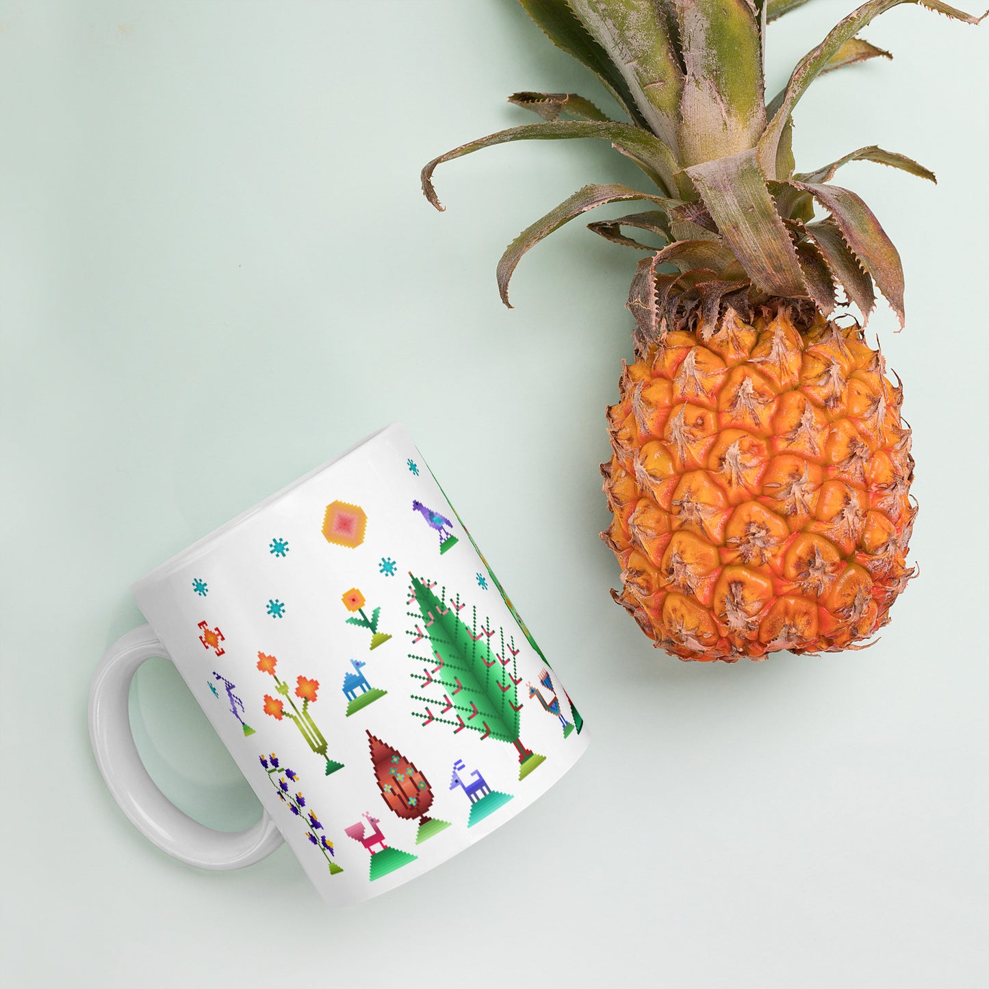 White glossy mug - Rainbow pixel art, Gabbeh style III