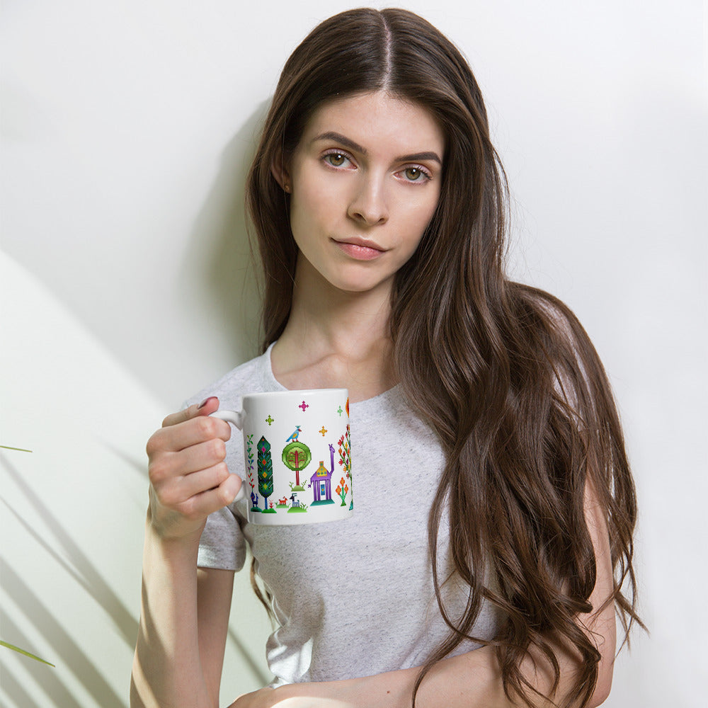 Weiße Tasse – Regenbogen-Pixelart, Gabbeh-Stil II