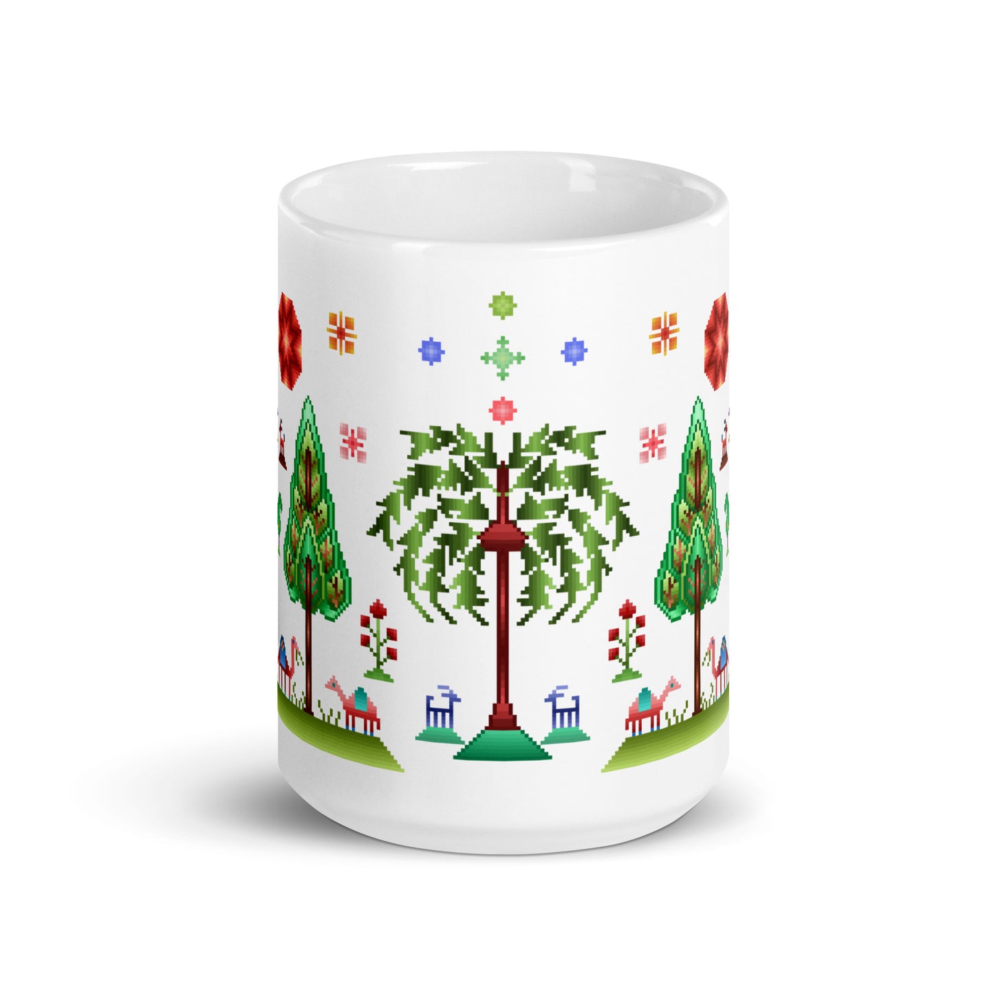 White glossy mug - Rainbow pixel art, Gabbeh style I