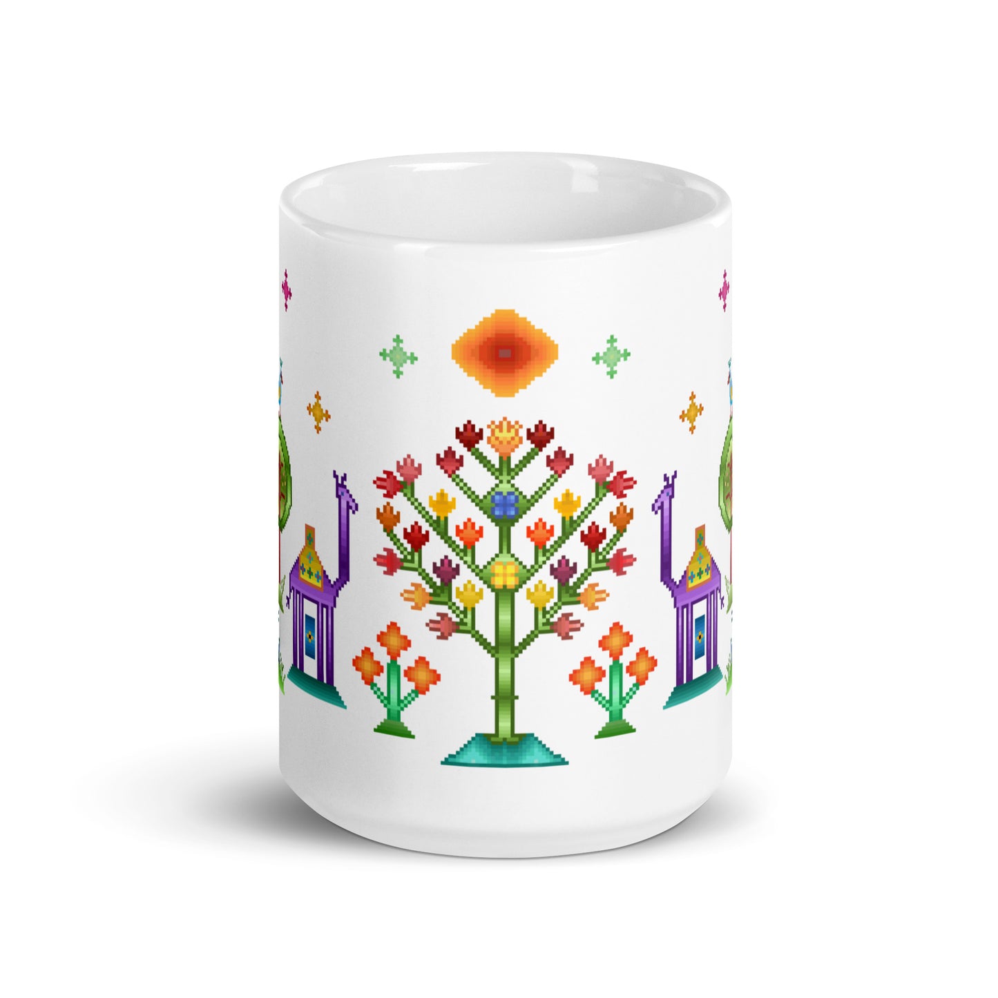 White glossy mug - Rainbow pixel art, Gabbeh style II