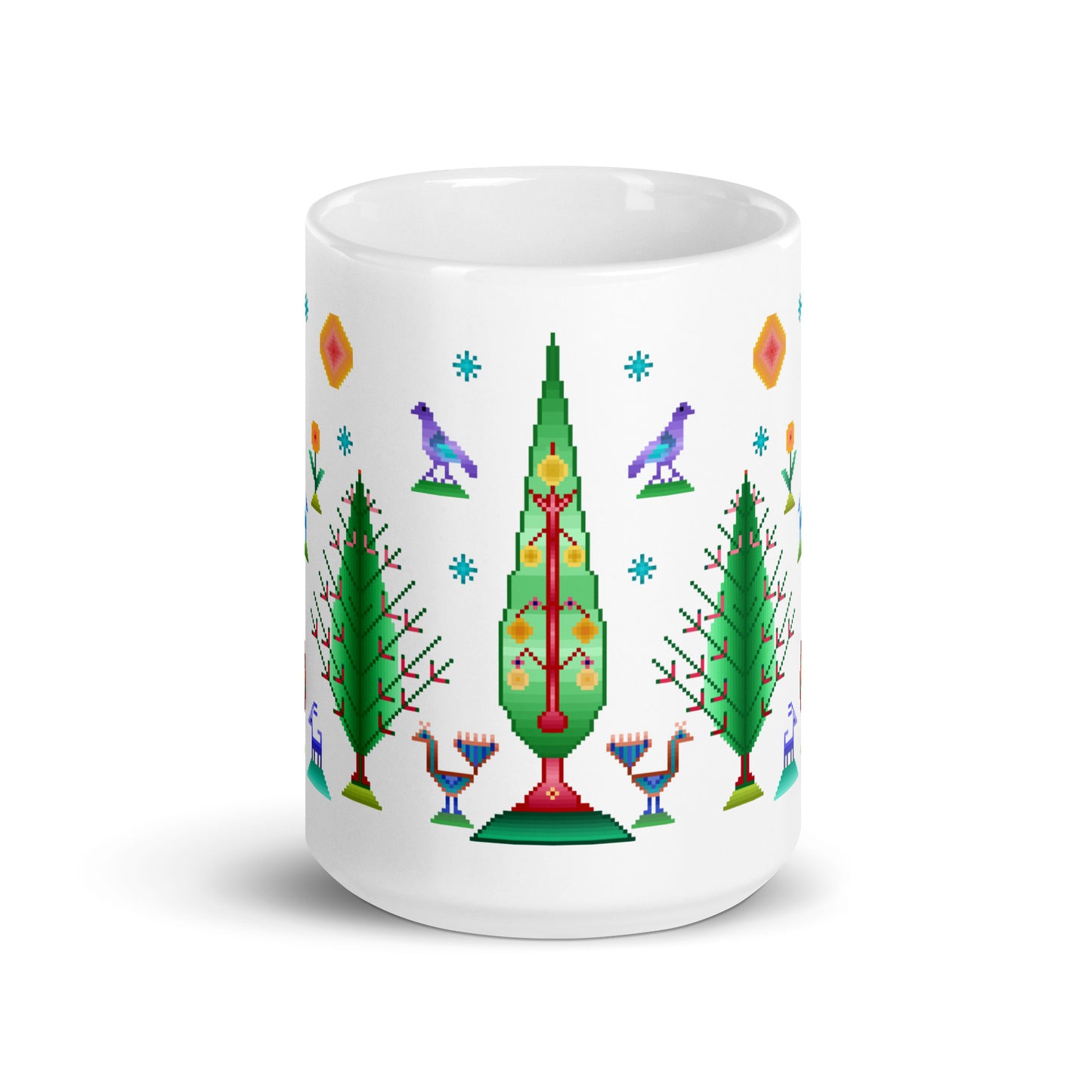 White glossy mug - Rainbow pixel art, Gabbeh style III